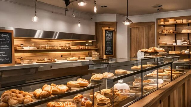 Bakery Interior with Display Cases, Wooden Shelves, and a Menu
