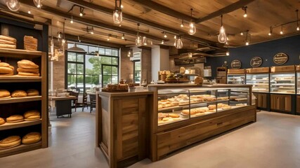 Bakery Interior with Display Cases, Wooden Shelves, and a Menu