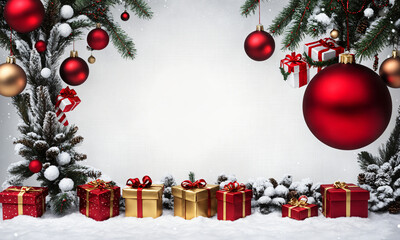 Stylish Merry Christmas and Happy New Year background with silver and gold decorations, festive lights, and shimmering snowflakes, perfect for creating a sophisticated and joyful holiday greeting