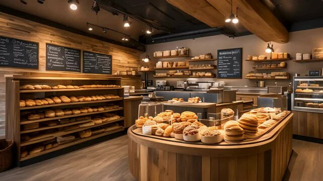 Bakery Interior with Display Cases, Wooden Shelves, and a Menu