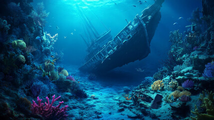 "Underwater scene with a diver discovering an ancient shipwreck, rare sea creatures, and hidden treasure, surrounded by marine life, coral reefs, and mysterious artifacts.