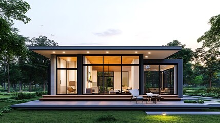 Fototapeta premium Modern minimalist house design with large windows and wooden deck