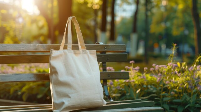 Tote bag mockup concept image with a blank tote bag sitting outside in a park on sunny day for the large sturdy cloth unfastened bag with parallel handles with copy space