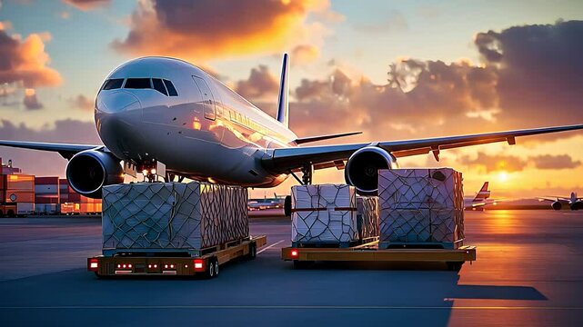 Cargo Plane Loaded with Shipping Containers at Sunset Airport

