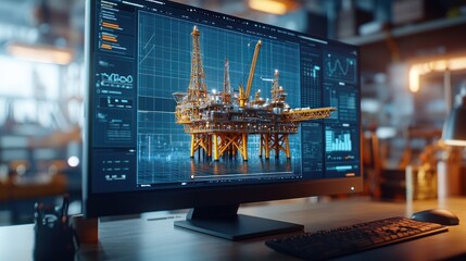 A digital twin model of an offshore jack-up rig displayed on a computer screen, representing the use of cutting-edge technology for predictive maintenance in offshore platforms.