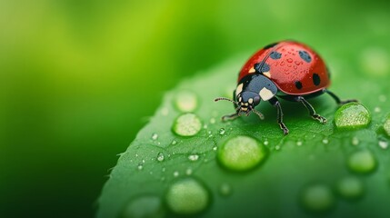 Obraz premium Close-up of a ladybug crawling on a bright green leaf with dew drops photorealistic nature, super macro shot 