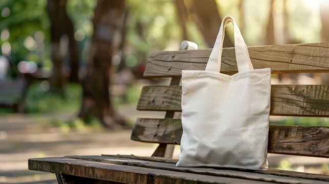 Tote bag mockup concept image with a blank tote bag sitting outside in a park on sunny day for the large sturdy cloth unfastened bag with parallel handles with copy space