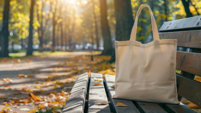 Tote bag mockup concept image with a blank tote bag sitting outside in a park on sunny day for the large sturdy cloth unfastened bag with parallel handles with copy space