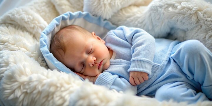 Bebé con ropa azul para recién nacido, niño en cama suave, amor y cuidado familiar en el hogar, ternura y calidez en la crianza infantil.