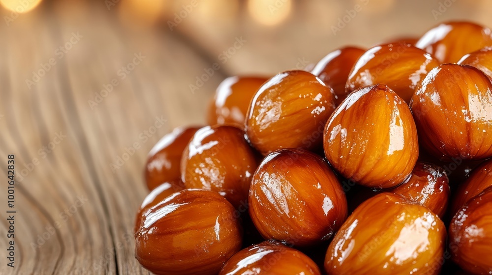 Poster Close-up of honey-dipped roasted chestnuts with shiny caramelized surfaces on rustic wooden background autumn treat, super macro shot 