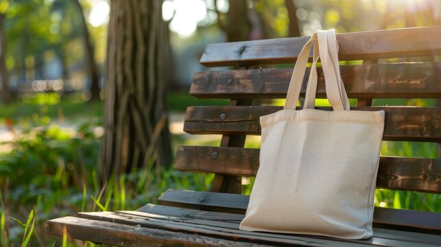 Tote bag mockup concept image with a blank tote bag sitting outside in a park on sunny day for the large sturdy cloth unfastened bag with parallel handles with copy space