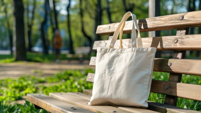 Tote bag mockup concept image with a blank tote bag sitting outside in a park on sunny day for the large sturdy cloth unfastened bag with parallel handles with copy space