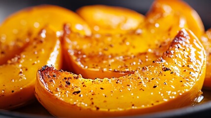 Close-up of roasted butternut squash with caramelized edges and glistening olive oil autumn dinner dish, super macro shot 