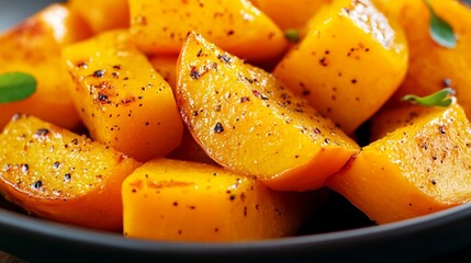 Close-up of roasted butternut squash with caramelized edges and glistening olive oil autumn dinner dish, super macro shot 
