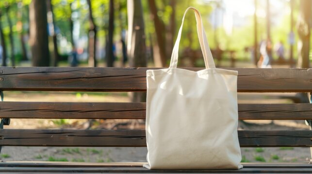 Tote bag mockup concept image with a blank tote bag sitting outside in a park on sunny day for the large sturdy cloth unfastened bag with parallel handles with copy space