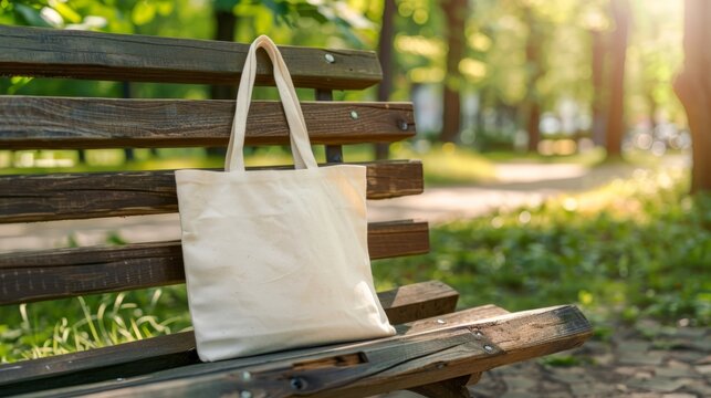 Tote bag mockup concept image with a blank tote bag sitting outside in a park on sunny day for the large sturdy cloth unfastened bag with parallel handles with copy space
