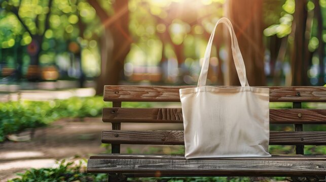 Tote bag mockup concept image with a blank tote bag sitting outside in a park on sunny day for the large sturdy cloth unfastened bag with parallel handles with copy space