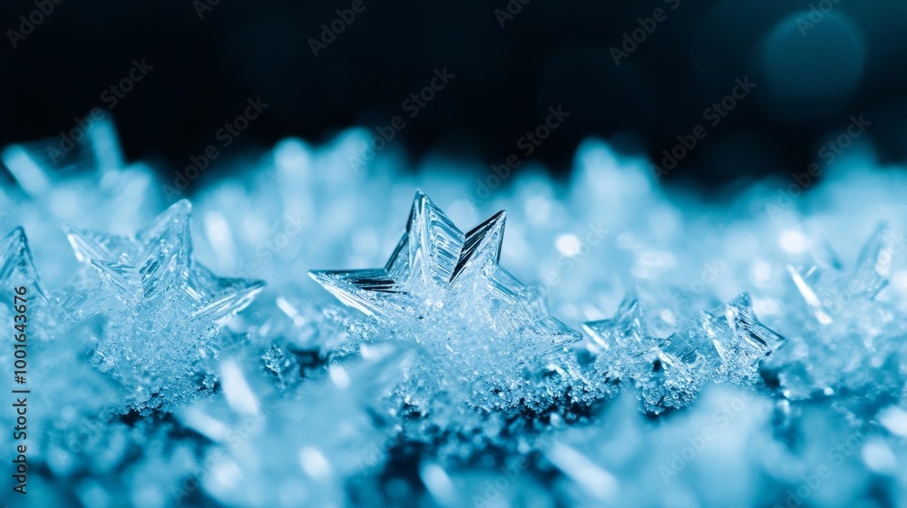Poster detailed macro of frost crystals forming on a glass surface showing sharp edges and shimmering light