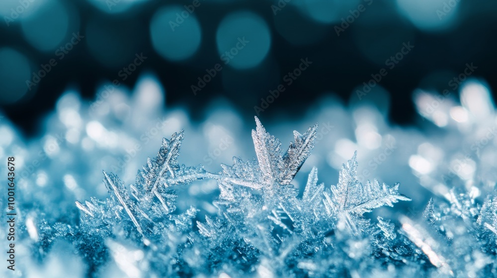 Poster detailed macro of frost crystals forming on a glass surface showing sharp edges and shimmering light