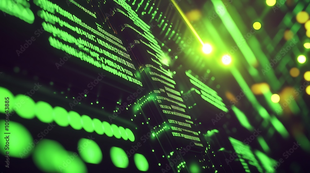 Poster green digital code displayed on a dark background with glowing lights.