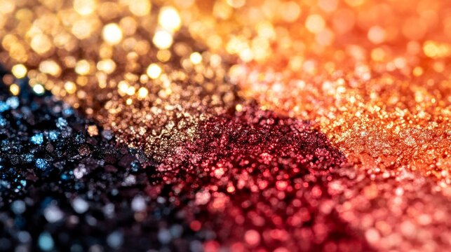 Detailed macro of metallic eyeshadow palette showing a blend of vibrant and reflective pigments photorealistic, super macro shot 