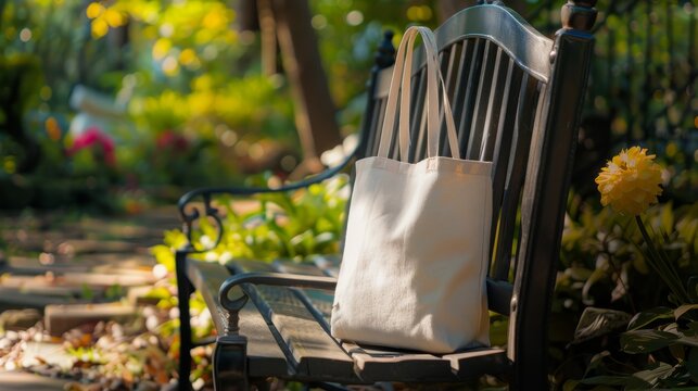 Tote bag mockup concept image with a blank tote bag sitting outside in a park on sunny day for the large sturdy cloth unfastened bag with parallel handles with copy space