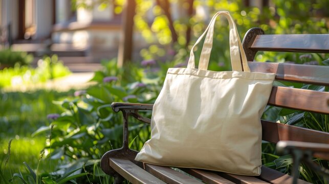 Tote bag mockup concept image with a blank tote bag sitting outside in a park on sunny day for the large sturdy cloth unfastened bag with parallel handles with copy space