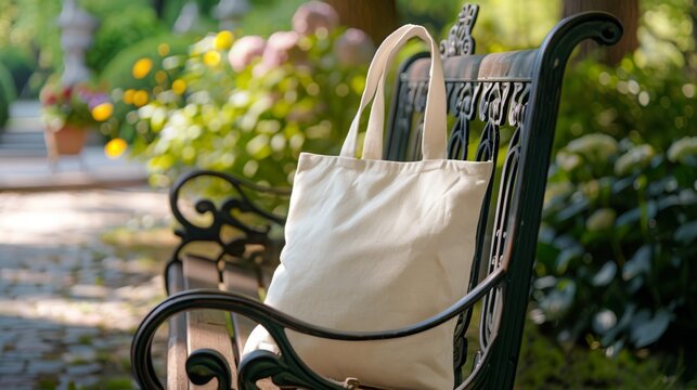 Tote bag mockup concept image with a blank tote bag sitting outside in a park on sunny day for the large sturdy cloth unfastened bag with parallel handles with copy space