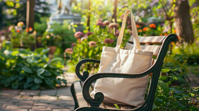 Tote bag mockup concept image with a blank tote bag sitting outside in a park on sunny day for the large sturdy cloth unfastened bag with parallel handles with copy space
