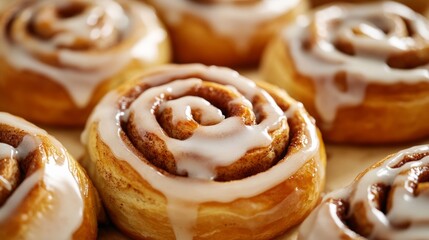 Freshly baked cinnamon rolls dripping with glaze soft dough with golden edges cozy autumn treat, super macro shot 