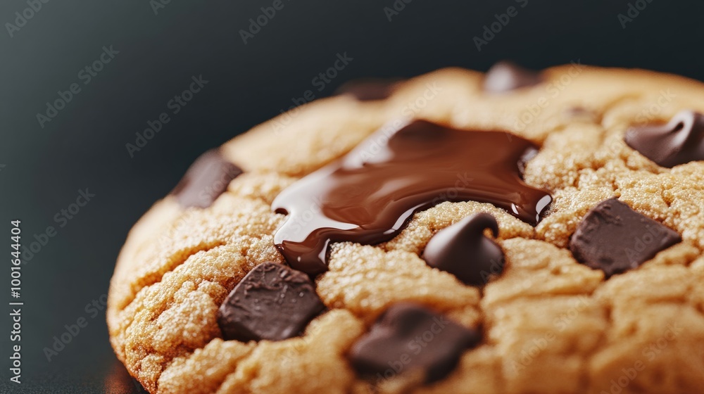 Poster hyper-realistic close-up of a chocolate chip cookie with melted chocolate oozing from its center det