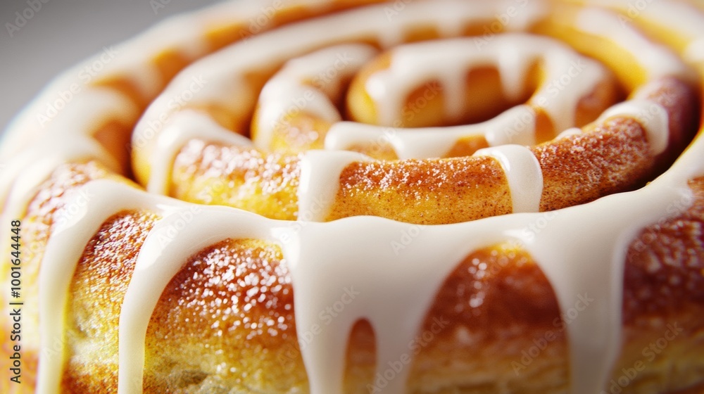 Sticker Hyper-realistic close-up of a cinnamon roll with gooey icing dripping over soft, golden dough photorealistic, super macro shot 