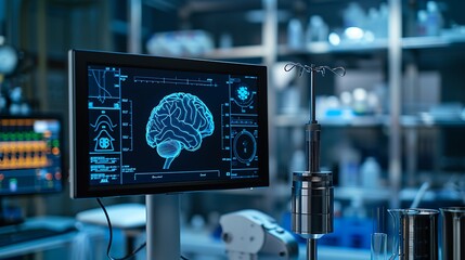 A human brain on a computer monitor in a scientific laboratory