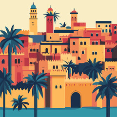 Obraz premium Vector Illustration of a Typical Moroccan Village with Palm Trees and Traditional Architecture