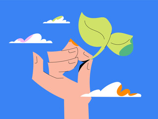 Illustration of a hand holding a green sprout against a blue sky. Simple cloud elements enhance the eco-friendly, nature-themed concept.Perfect for promoting sustainability and environmental awareness