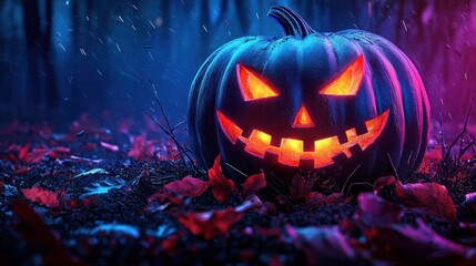 Obraz premium Glowing Halloween pumpkin with sinister expression amidst fallen leaves in a dark forest, creating a spooky atmosphere.