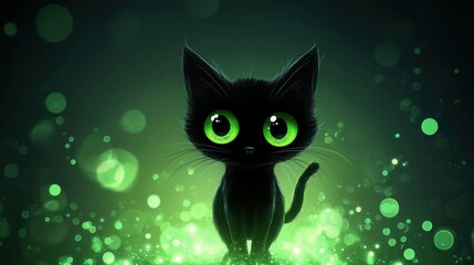 Cute black cat with large green eyes surrounded by glowing green orbs, creating a magical atmosphere.