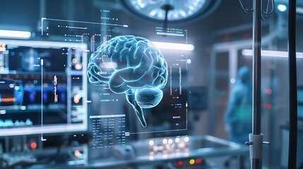 Human brain with medical interface in modern hospital room