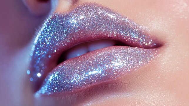 Hyper-realistic close-up of clear lip gloss with sparkling silver glitter perfect for a winter frosty look, super macro shot 