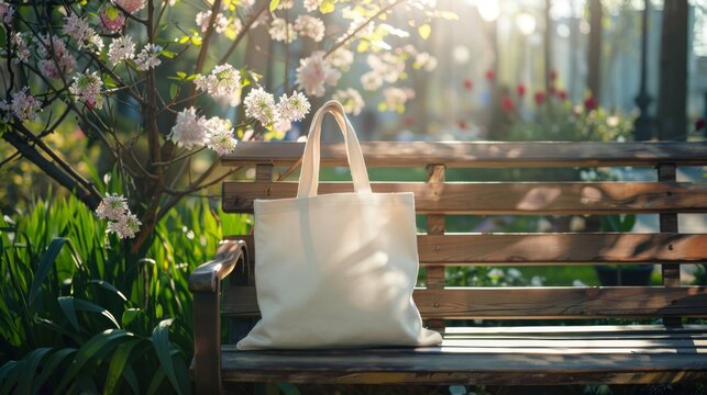 Tote bag mockup concept image with a blank tote bag sitting outside in a park on sunny day for the large sturdy cloth unfastened bag with parallel handles with copy space