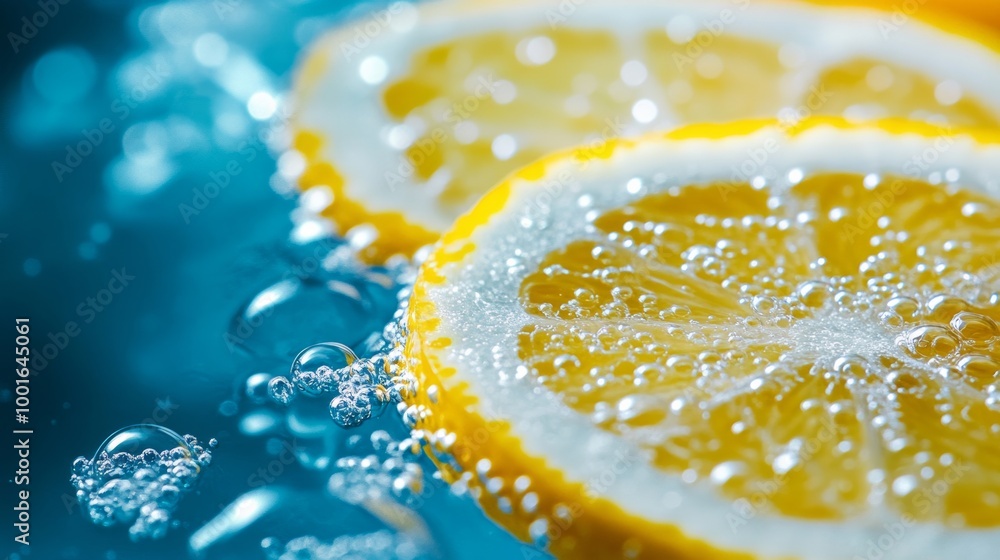 Poster hyper-realistic close-up of sparkling water with lemon slices and detailed bubbles refreshing drink,