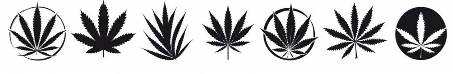 A logo design with various black and white marijuana leaf icons, arranged in an orderly fashion on the right side of the screen. The background is pure white, creating sharp contrast between colors. E