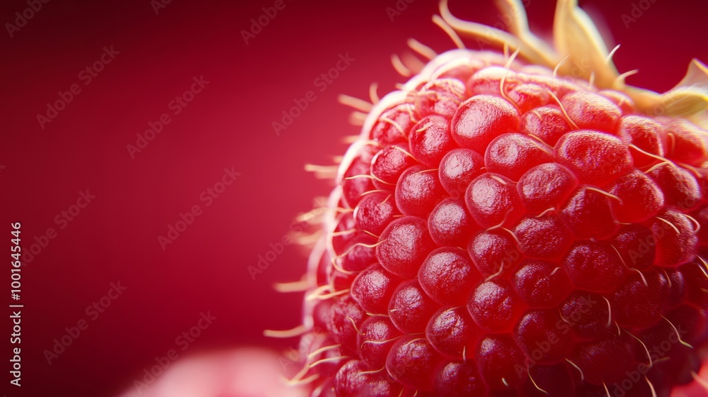Poster macro of a fresh raspberry with tiny hair-like structures and detailed ruby-red skin photorealistic 