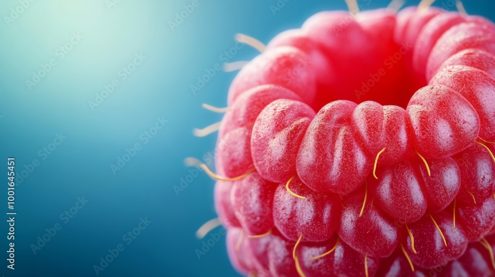 Poster macro of a fresh raspberry with tiny hair-like structures and detailed ruby-red skin photorealistic 