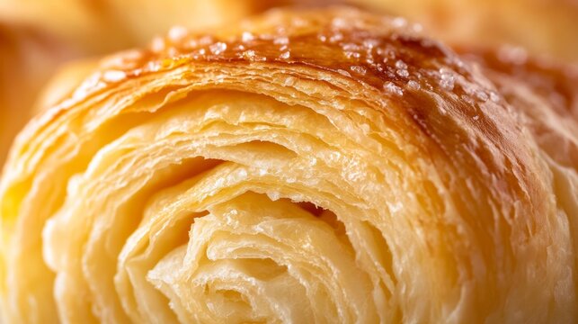 Macro of a fresh croissant with flaky layers and golden buttery texture photorealistic pastry, super macro shot 