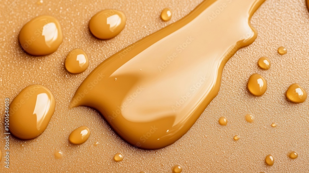 Poster macro of liquid foundation drops blending on a surface with smooth and glossy texture photorealistic