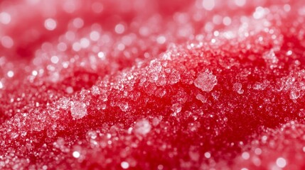 Macro of winter peppermint lip scrub with visible sugar crystals and vibrant red texture photorealistic, super macro shot 