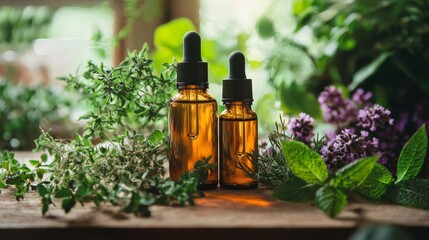 Essential oil bottles with fresh herbs in a natural setting
