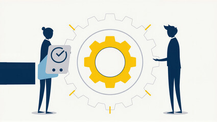 Illustrative conceptual representation of people holding or touching gears with their hands