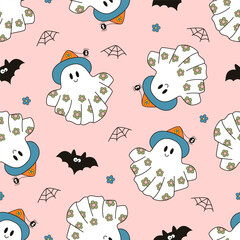 seamless pattern with cute cute ghosts and bat